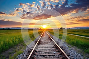 flat landscape with straight railway tracks at sunset