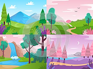 Flat landscape. Summer field nature, forest fauna and waterfall landscapes. Mountains and cloudy sky vector background