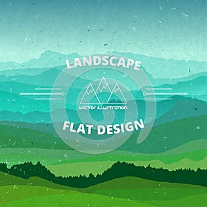 Flat landscape textured illustration. Beautiful hills, vector design