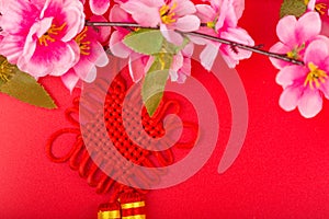 Flat lay of accessories Chinese new year 2020 and decorations Lunar new year festival concept background. Overhead, top view. Copy