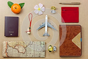 Flat lay of accessories travel and Chinese new year and Lunar new year festival