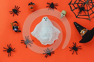 Flat lay of accessory decoration Happy Halloween festival background concept.