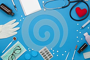 Flat lay aerial of accessories healthcare & medical background concept.