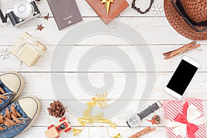 Flat lay aerial image shot of decorations and ornaments Merry Christmas & Happy New Year