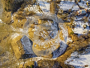 Flat lay, aerial top view of Kernave, historical capital city of Lithuania