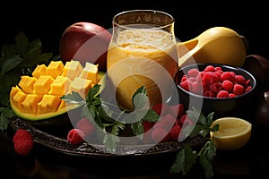 Flat Lay Arrangement of fresh smoothies next to sliced