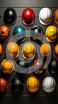 Flat lay arrangement of helmets presents copyspace, ideal for personalized messages or branding photo