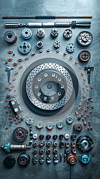Flat Lay of Assorted Automotive Parts on Industrial Background Engine Components, Brake Discs, Bearings, and Mechanical Tools for