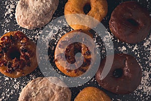 Flat lay of assorted donuts