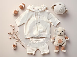 Flat lay of a baby's outfit and accessories, including a hoodie, shorts, socks, and a teddy bear, on a light pink