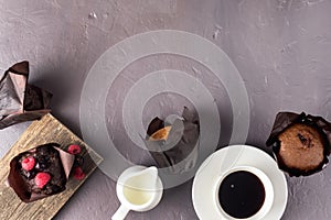 Flat Lay or Background with Chocolate Muffins Berries Cup of Coffee Milk Top View Copy Space Coffee and Dessert Concept