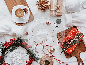 Flat lay background Christmas or New Year.