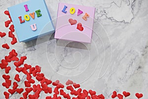 Flat-lay background for Valentine's Day, love, hearts, gift box Copy space