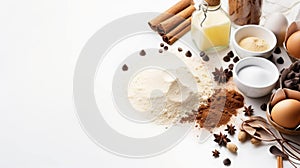 Flat Lay of baking ingredients on white background