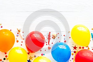 Flat lay with ballons - party concept - on white background top-down copy space