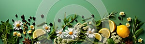 Flat lay banner from fresh medicinal on green background. Creative frame with copy space. Alternative medicine concept