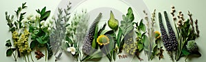 Flat lay banner from fresh medicinal on green background. Creative frame with copy space. Alternative medicine concept