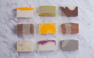 Flat lay bars of organic handmade soap