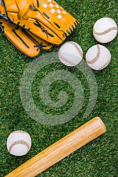 flat lay with baseball equipment arranged