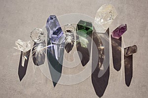 Flat lay of beautiful colorful crystals. Top view of healing minerals and gemstoes