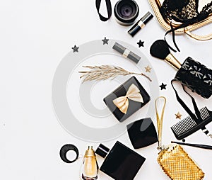 Flat Lay, Beauty blog concept. Female make up and accessories on white background.