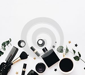 Flat Lay, Beauty blog concept. Female make up accessories on white background
