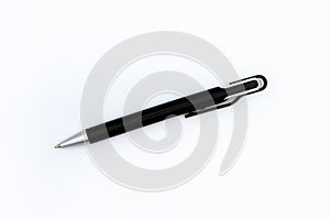 Flat lay of black modern pen or mechanical pencil isolated on white background. Top view of object for write