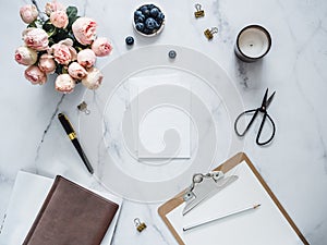 Flat lay with blank greeting card, wedding mock up