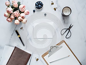 Flat lay with blank greeting card, wedding mock up