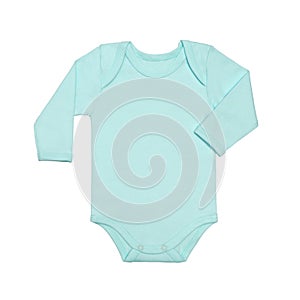 Flat Lay blue baby shirt bodysuit with long sleeve isolated on a white background, for boys. Mock up for design and