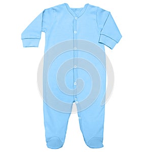 Flat Lay blue organic sleep suit for baby with long sleeve isolated on a white background, for boys. Mock up for design