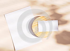 Flat lay of branding identity business name card and blank paper on yellow background, light and shadow shape leaves