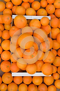 Flat lay of a bunch of oranges that are in a wooden box