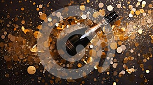 Flat lay of champagne bottle and gold confetti, New Year Engagement Wedding Celebration