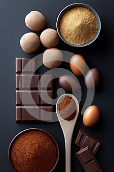 Flat lay of chocolate truffles, bars, cocoa powder, sugar and eggs on dark background, showcasing ingredients for baking photo