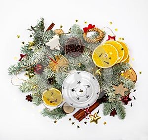 Flat lay Christmas decor, lantern on white isolated background with fir branch, holiday decor and garland and snow