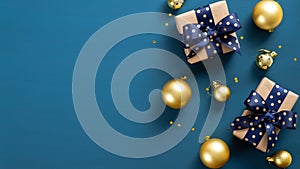 Flat lay Christmas gift boxes, golden balls, confetti, ribbon over blue background. Christmas banner mockup with copy space,