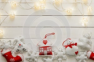 Flat lay of Christmas hand made decoration on wooden background
