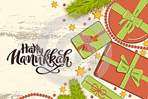 Flat lay christmas mockup with fir branches, bright gift boxes with bow, beads and stars on wooden background with hand drawn
