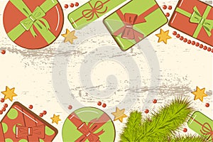 Flat lay christmas mockup with fir branches, bright gift boxes with bow, beads and stars on wooden background. Template for new