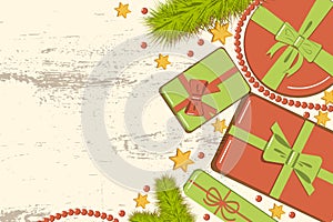 Flat lay christmas mockup with fir branches, bright gift boxes with bow, beads and stars on wooden background. Template for new