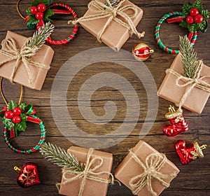 Flat lay Christmas ornaments on wooden background