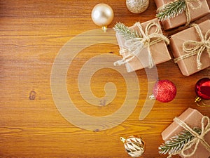 Flat lay Christmas ornaments on wooden background