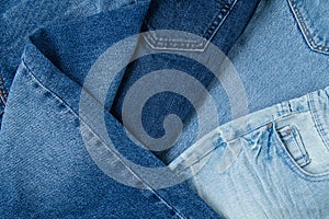 Flat lay of classic blue jeans. Urban outfit, basic essencial wardrobe, shopping concept.