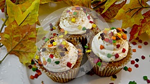 Flat lay Closeup of cupcakes decorated with candy autumn leaves