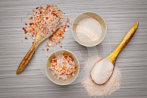 Flat lay of coarse and fine himalayan pink salt