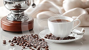 Flat lay of coffee beans, a grinder, and a white ceramic cup on a