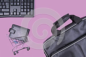 Flat lay collage of keyboard, menâ€™s striped bag, cardholder in shopping cart isolated on pink background. Buy online on internet