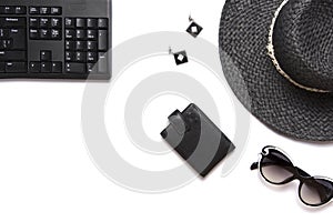 Flat lay collage of keyboard womenâ€™s hat, cardholder and glasses isolated on white background. Buy online on internet concept.