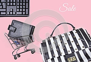 Flat lay collage of keyboard, womenâ€™s striped bag, cardholder in shopping cart isolated on pink background. Buy online on